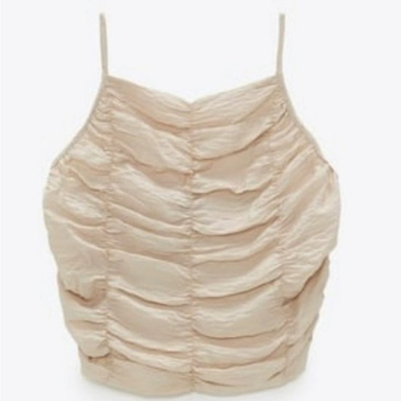 ZARA CROP TOP XSMALL LIGHT TAN BROWN HALTER CROPPED TANK RUCHED DRAPED SMOCKED - Picture 3 of 8